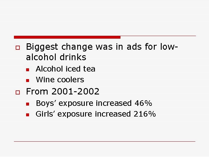 o Biggest change was in ads for lowalcohol drinks n n o Alcohol iced o Biggest change was in ads for lowalcohol drinks n n o Alcohol iced