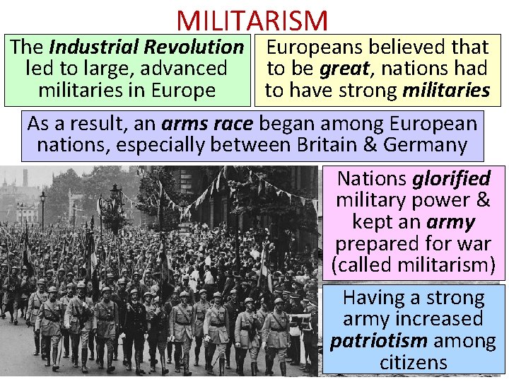 MILITARISM The Industrial Revolution Europeans believed that led to large, advanced to be great,