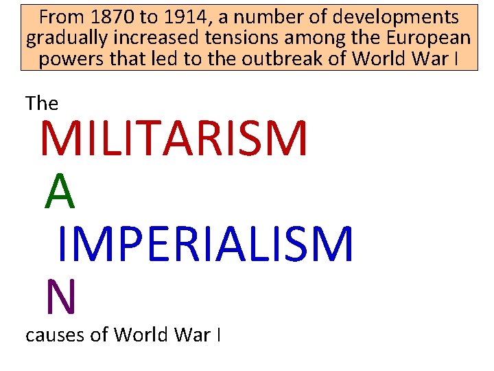 From 1870 to 1914, a number of developments gradually increased tensions among the European