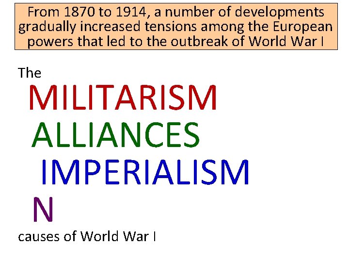 From 1870 to 1914, a number of developments gradually increased tensions among the European