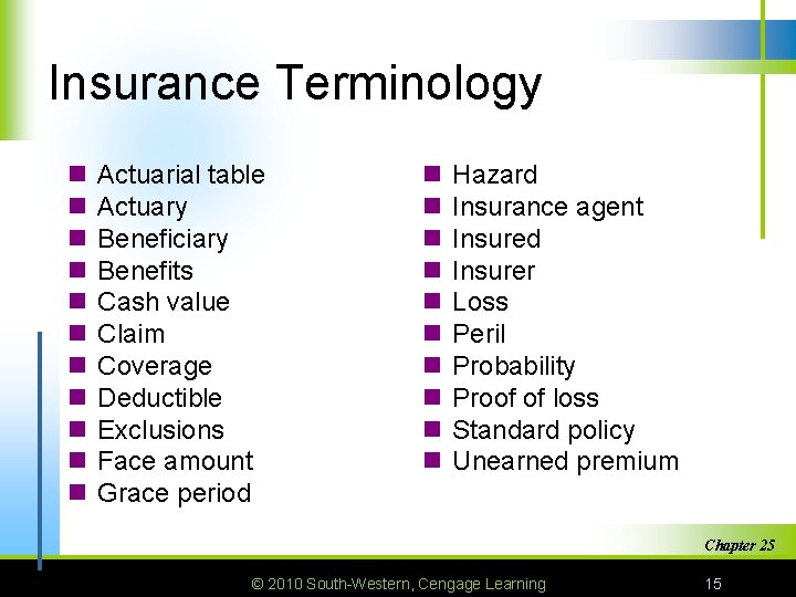 Insurance Terminology n n n Actuarial table Actuary Beneficiary Benefits Cash value Claim Coverage