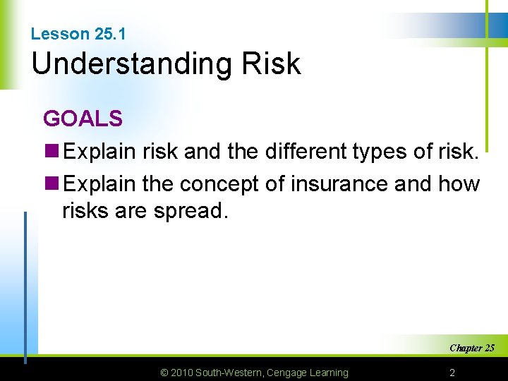 Lesson 25. 1 Understanding Risk GOALS n Explain risk and the different types of