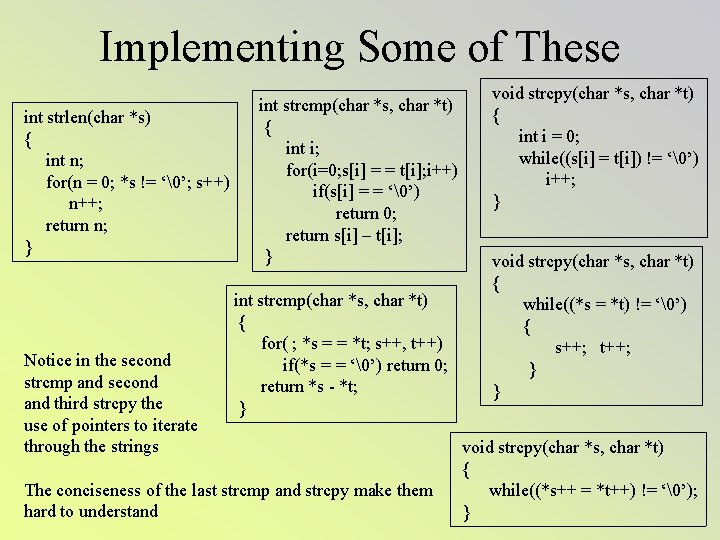 Implementing Some of These int strlen(char *s) { int n; for(n = 0; *s