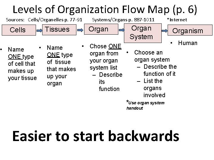 Levels of Organization Flow Map (p. 6) Sources: Cells/Organelles p. 77 -91 Cells •