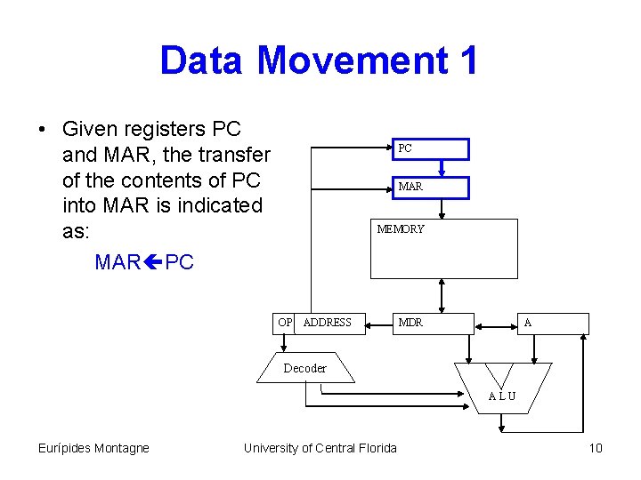 Data Movement 1 • Given registers PC and MAR, the transfer of the contents