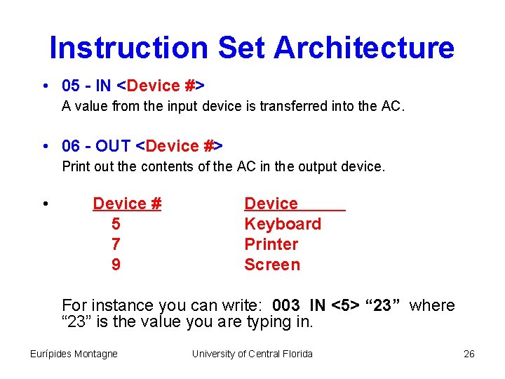 Instruction Set Architecture • 05 - IN <Device #> A value from the input