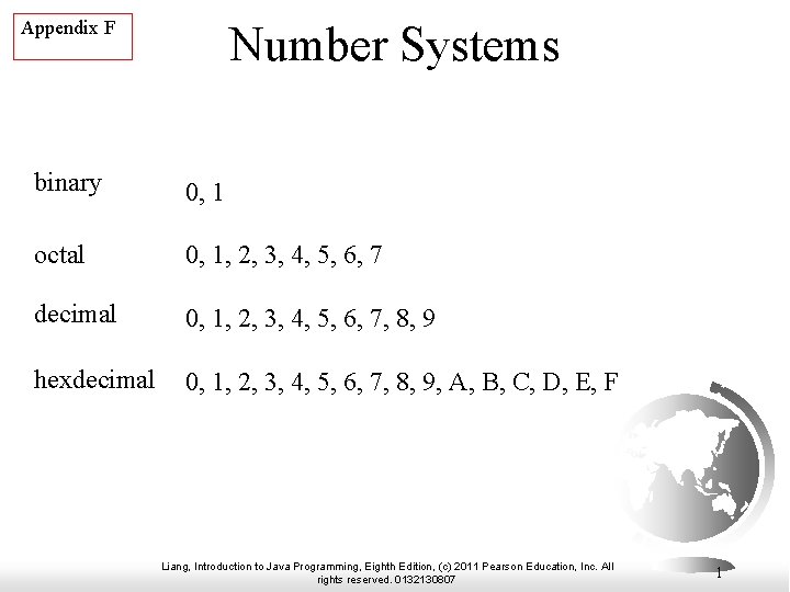 Appendix F Number Systems binary 0, 1 octal 0, 1, 2, 3, 4, 5,