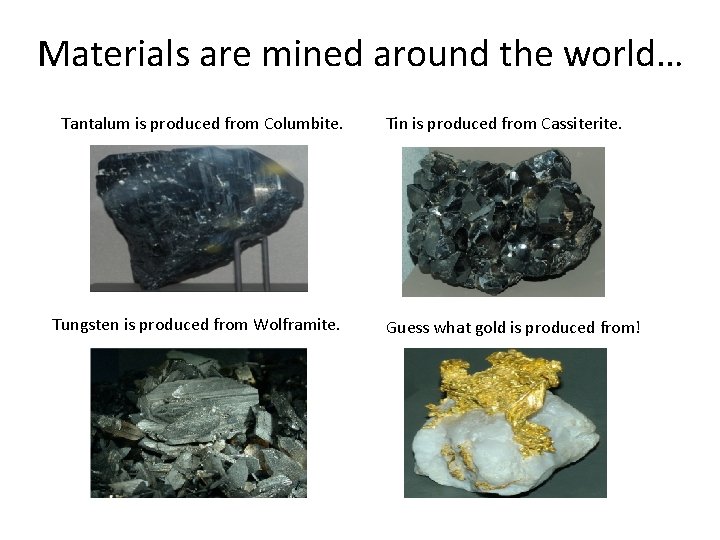 Materials are mined around the world… Tantalum is produced from Columbite. Tungsten is produced