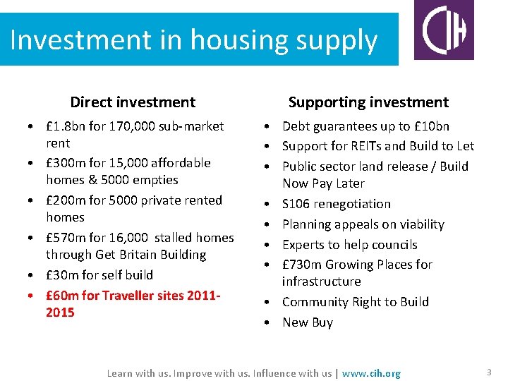 Investment in housing supply Direct investment Supporting investment • £ 1. 8 bn for