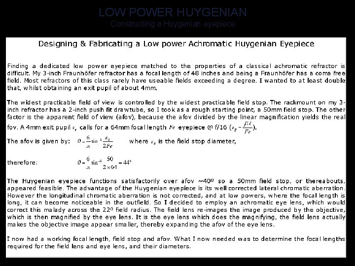 LOW POWER HUYGENIAN Constructing a Huygenian eyepiece 