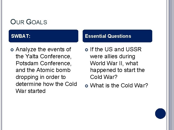 OUR GOALS SWBAT: Analyze the events of the Yalta Conference, Potsdam Conference, and the