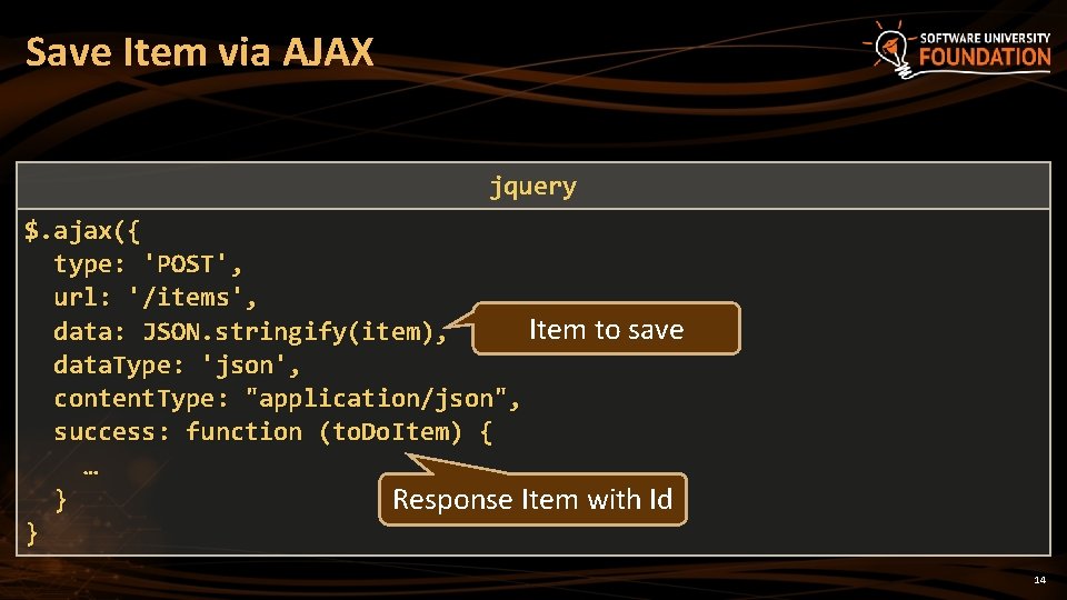 Save Item via AJAX jquery $. ajax({ type: 'POST', url: '/items', Item to save