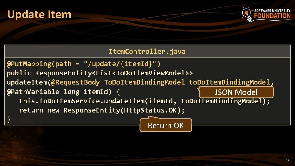 Update Item. Controller. java @Put. Mapping(path = "/update/{item. Id}") public Response. Entity<List<To. Do. Item.