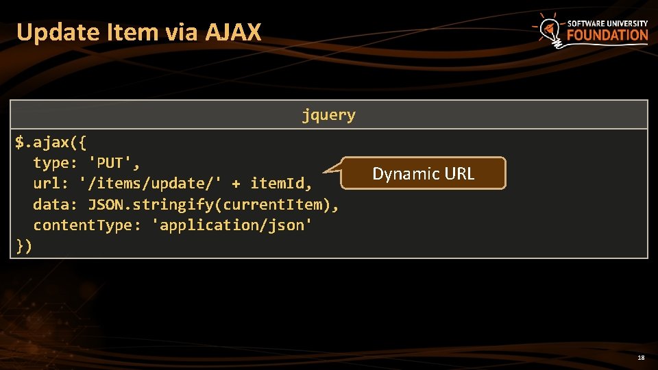 Update Item via AJAX jquery $. ajax({ type: 'PUT', url: '/items/update/' + item. Id,