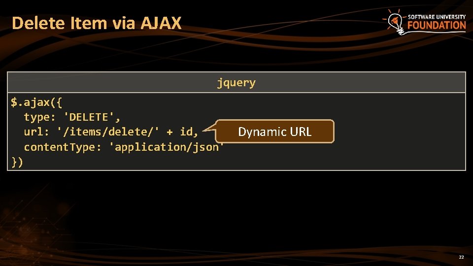 Delete Item via AJAX jquery $. ajax({ type: 'DELETE', url: '/items/delete/' + id, content.