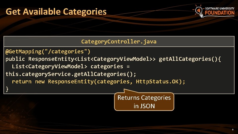 Get Available Categories Category. Controller. java @Get. Mapping("/categories") public Response. Entity<List<Category. View. Model>> get.