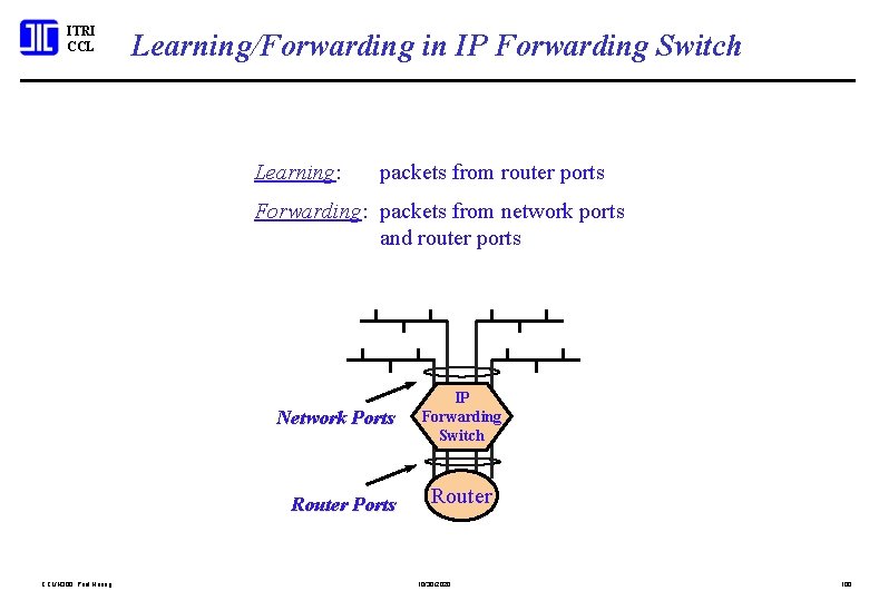 ITRI CCL Learning/Forwarding in IP Forwarding Switch Learning: packets from router ports Forwarding: packets
