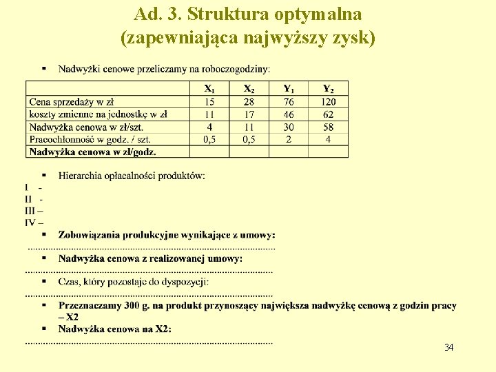 Ad. 3. Struktura optymalna (zapewniająca najwyższy zysk) 34 