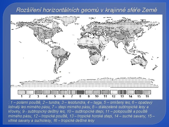 Rozšíření horizontálních geomů v krajinné sféře Země : 1 – polární pouště, 2 –