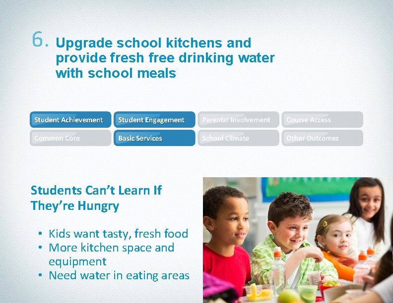 6. Upgrade school kitchens and provide fresh free drinking water with school meals Students