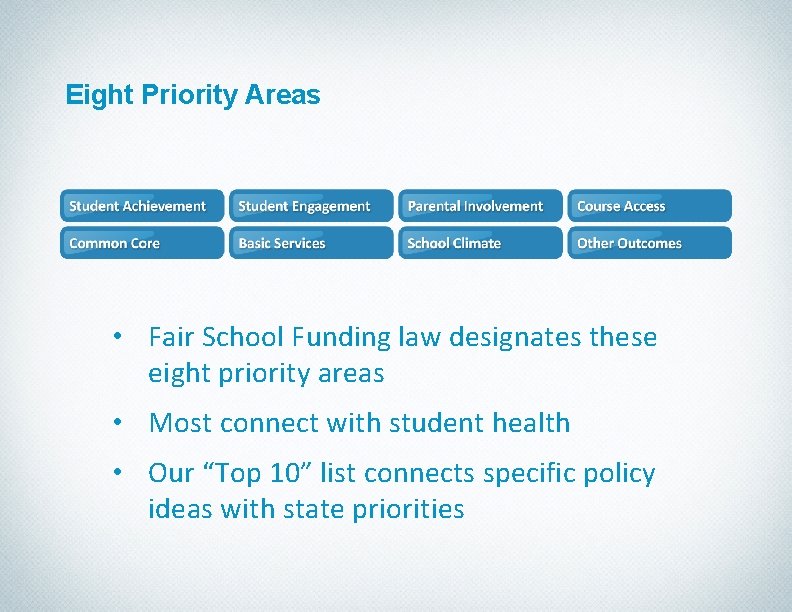 Eight Priority Areas • Fair School Funding law designates these eight priority areas •