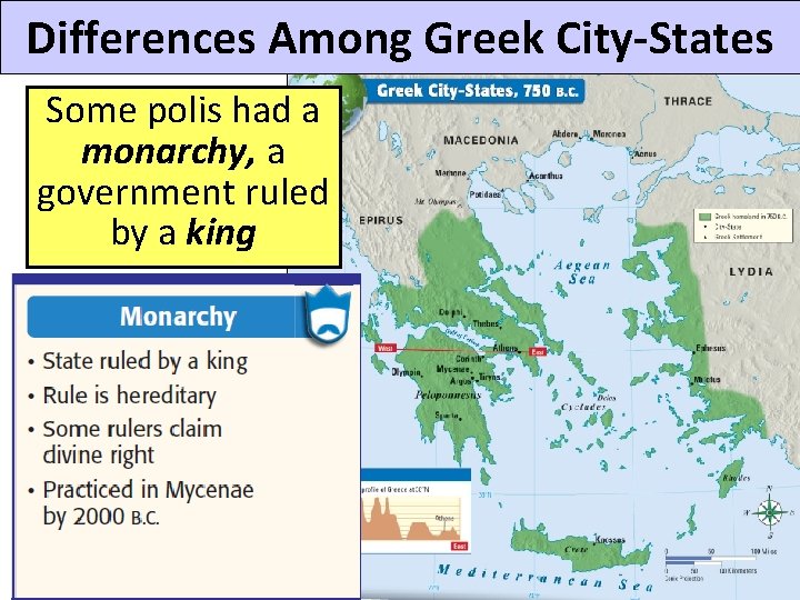 Differences Among Greek City-States Some polis had a monarchy, a government ruled by a