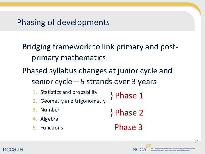 Phasing of developments Bridging framework to link primary and postprimary mathematics Phased syllabus changes