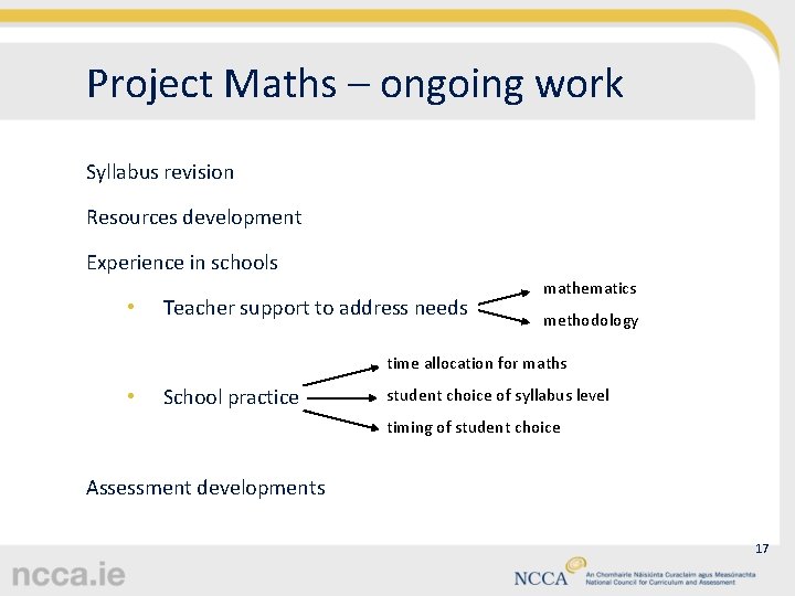 Project Maths – ongoing work Syllabus revision Resources development Experience in schools • Teacher