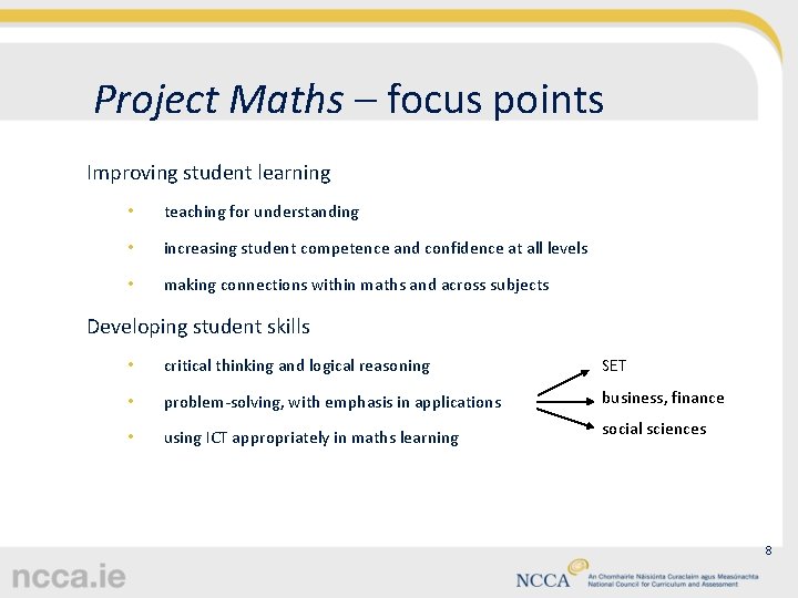 Project Maths – focus points Improving student learning • teaching for understanding • increasing