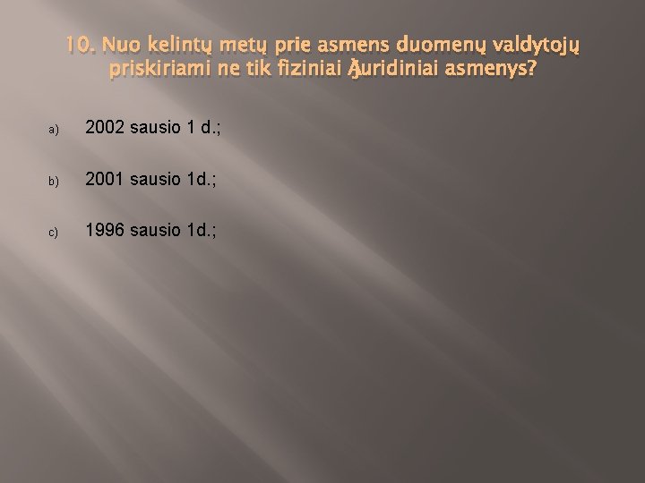 10. Nuo kelintų metų prie asmens duomenų valdytojų priskiriami ne tik fiziniai juridiniai asmenys?