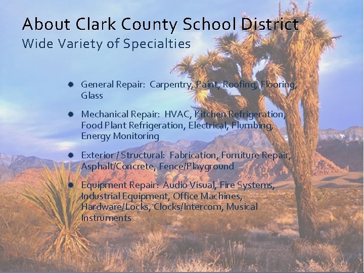 About Clark County School District Wide Variety of Specialties General Repair: Carpentry, Paint, Roofing,