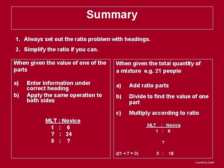 Summary 1. Always set out the ratio problem with headings. 2. Simplify the ratio
