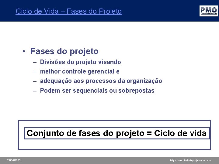 Ciclo de Vida – Fases do Projeto • Fases do projeto – Divisões do