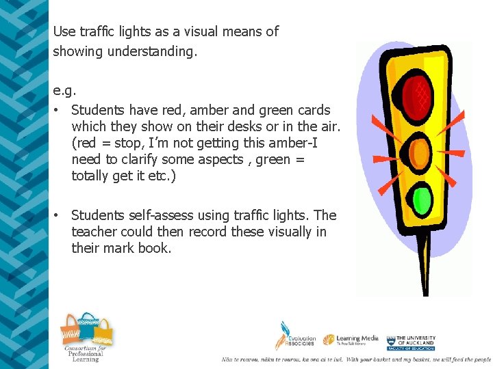 Use traffic lights as a visual means of showing understanding. e. g. • Students