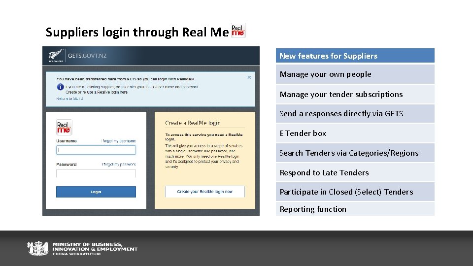 Suppliers login through Real Me New features for Suppliers Manage your own people Manage