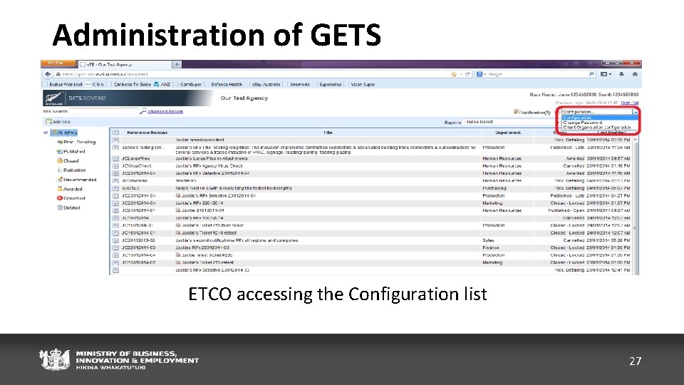Administration of GETS ETCO accessing the Configuration list 27 