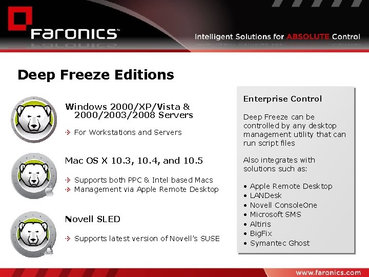 Deep Freeze Editions Windows 2000/XP/Vista & 2000/2003/2008 Servers For Workstations and Servers Mac OS