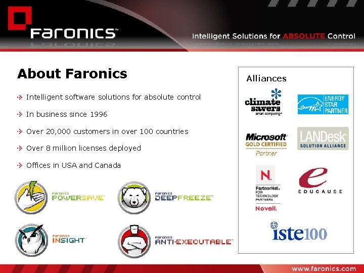 About Faronics Intelligent software solutions for absolute control In business since 1996 Over 20,