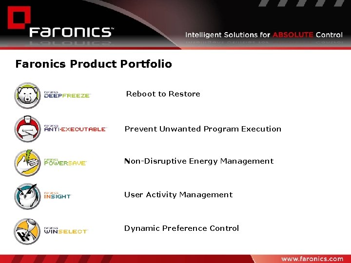 Faronics Product Portfolio Reboot to Restore Prevent Unwanted Program Execution Non-Disruptive Energy Management User