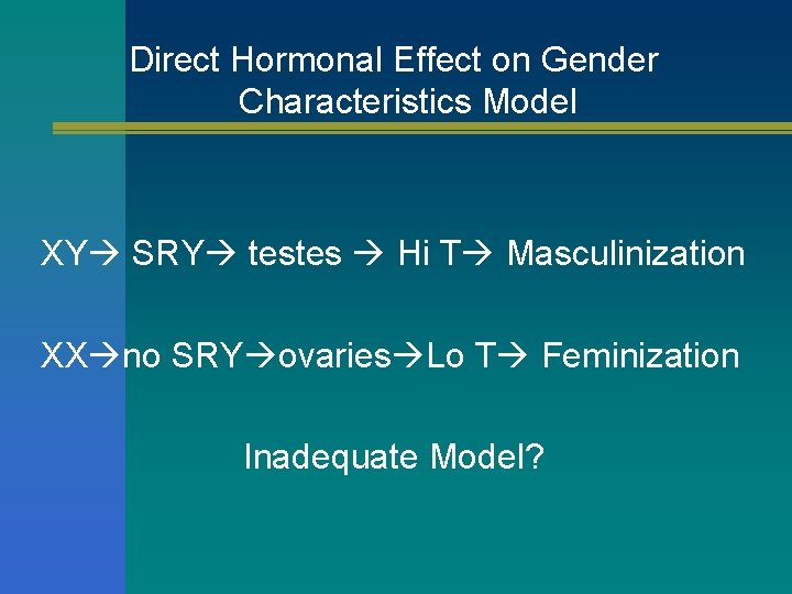 Direct Hormonal Effect on Gender Characteristics Model XY SRY testes Hi T Masculinization XX