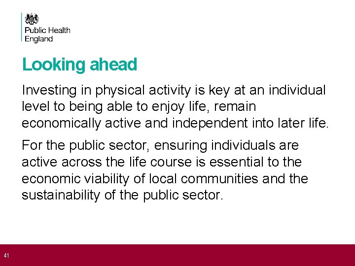 Looking ahead Investing in physical activity is key at an individual level to being
