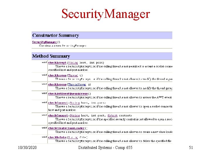 Security. Manager 10/30/2020 Distributed Systems - Comp 655 51 
