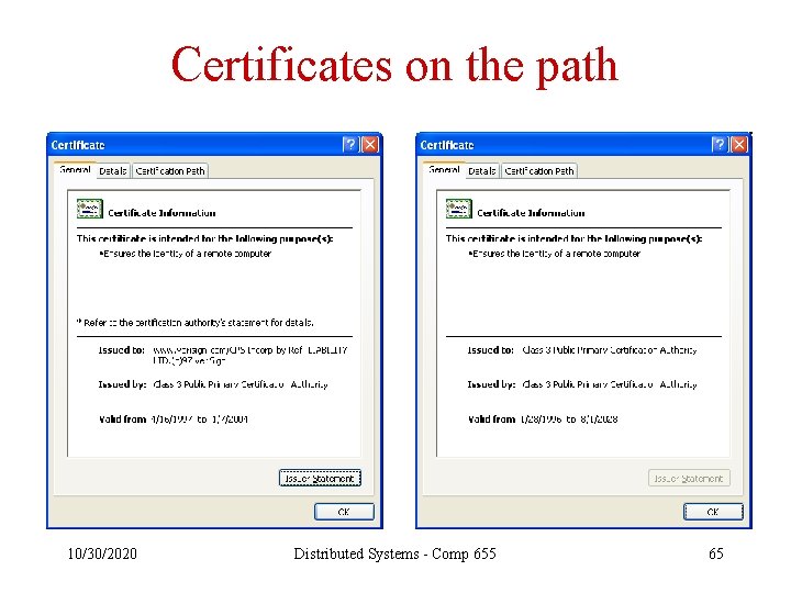 Certificates on the path 10/30/2020 Distributed Systems - Comp 655 65 