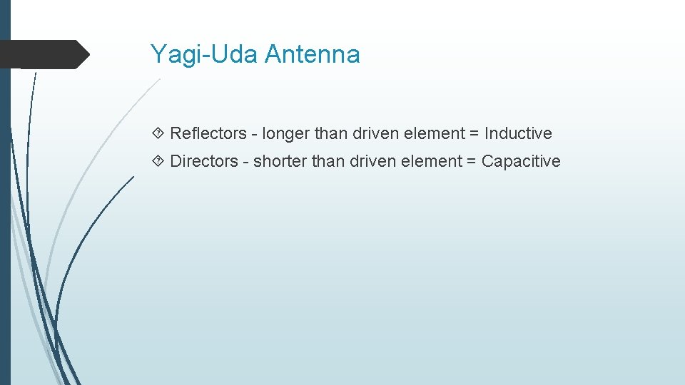 Yagi-Uda Antenna Reflectors - longer than driven element = Inductive Directors - shorter than