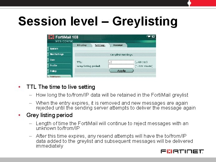 Session level – Greylisting • TTL The time to live setting – How long