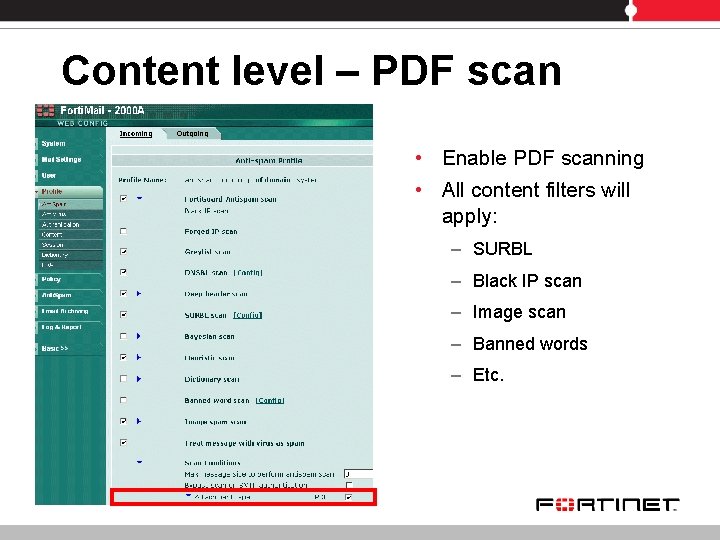 Content level – PDF scan • Enable PDF scanning • All content filters will