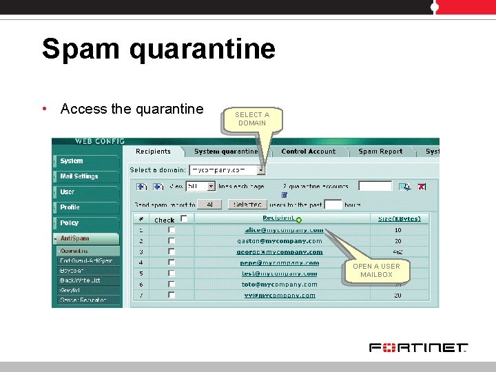 Spam quarantine • Access the quarantine SELECT A DOMAIN OPEN A USER MAILBOX 