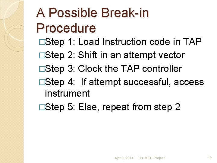 A Possible Break-in Procedure �Step 1: Load Instruction code in TAP �Step 2: Shift