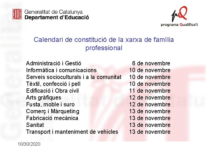 Calendari de constitució de la xarxa de família professional Administració i Gestió Informàtica i Calendari de constitució de la xarxa de família professional Administració i Gestió Informàtica i