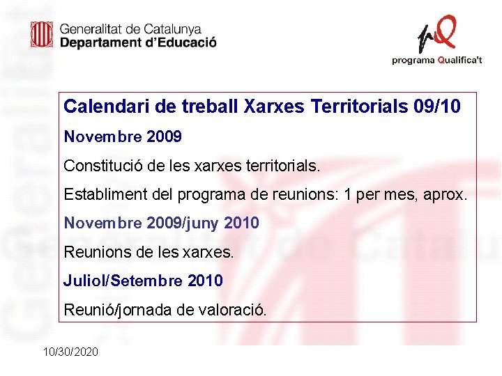 Calendari de treball Xarxes Territorials 09/10 Novembre 2009 Constitució de les xarxes territorials. Establiment